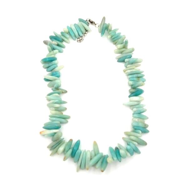 Natural Blue & Seafoam green Amozonite Elongated Genuine Stone Necklace - Picture 1 of 6